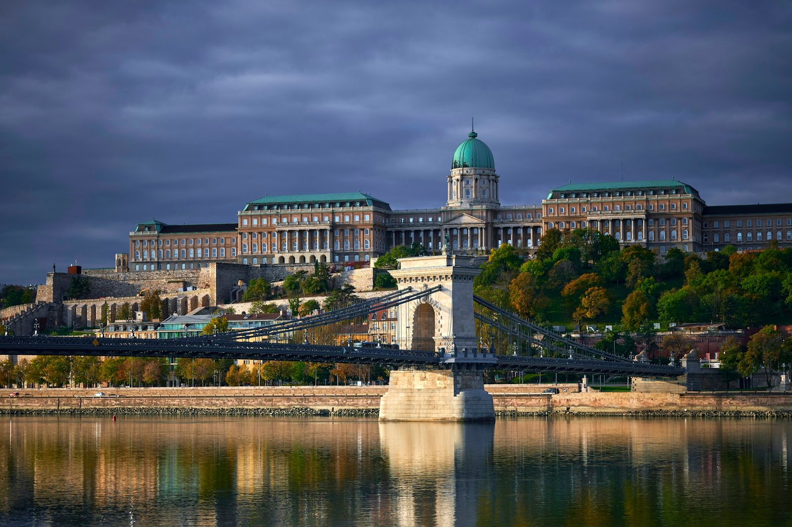 Buda Castle above the Danube in Budapest with the Chain Bridge crossing the river