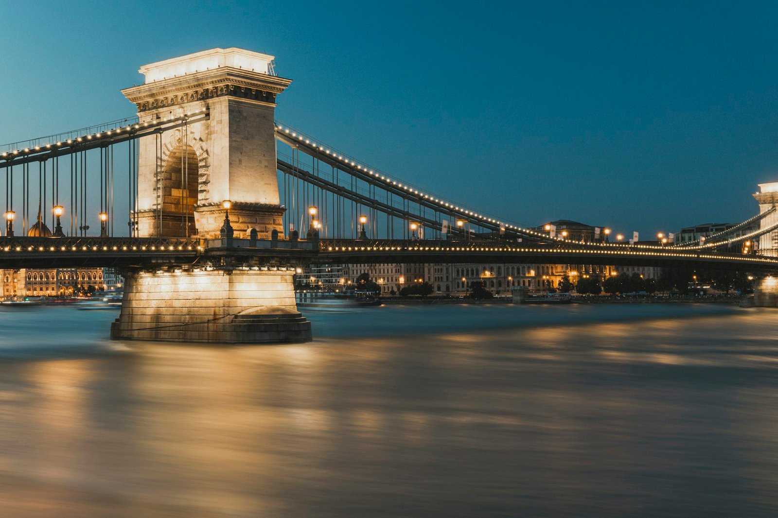 The Szechenyi Chain Bridge in Budapest photographed over the Danube at dusk