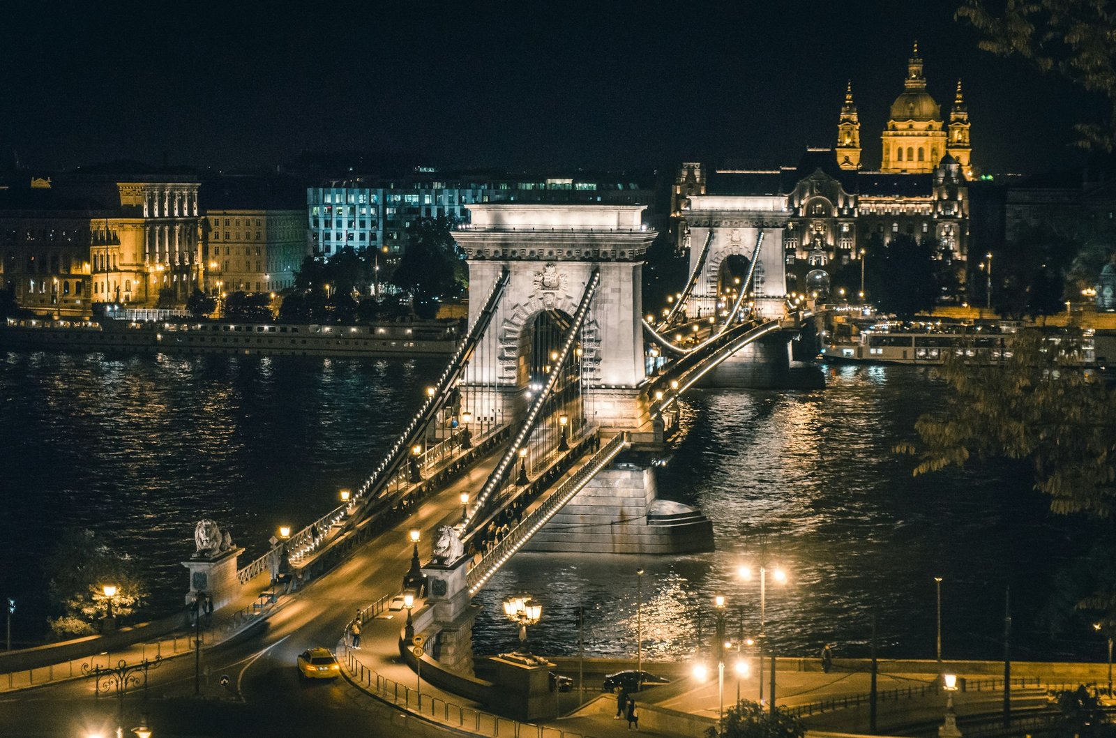 Aerial night view of the lit Chain Bridge and the Budapest skyline