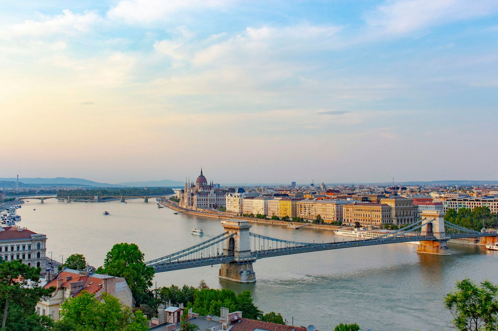 Daytime view along the Danube in Budapest with the Chain Bridge and the Parliament