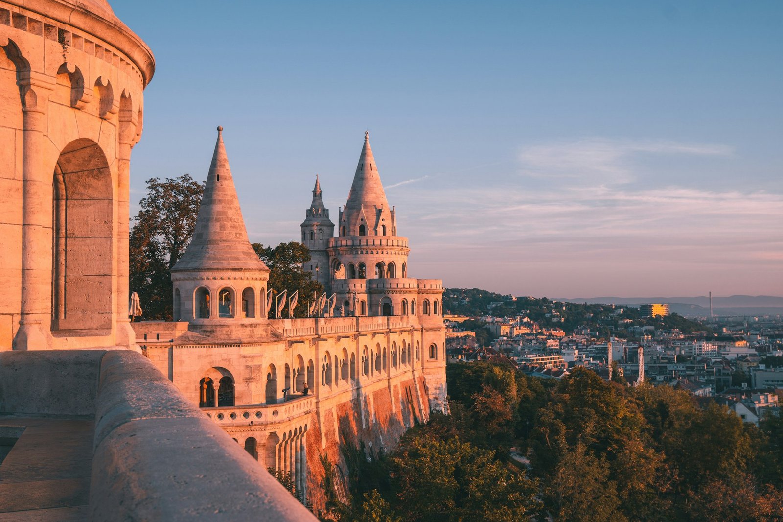 The white stone turrets of the Fishermans Bastion in Budapest, overlooking the city