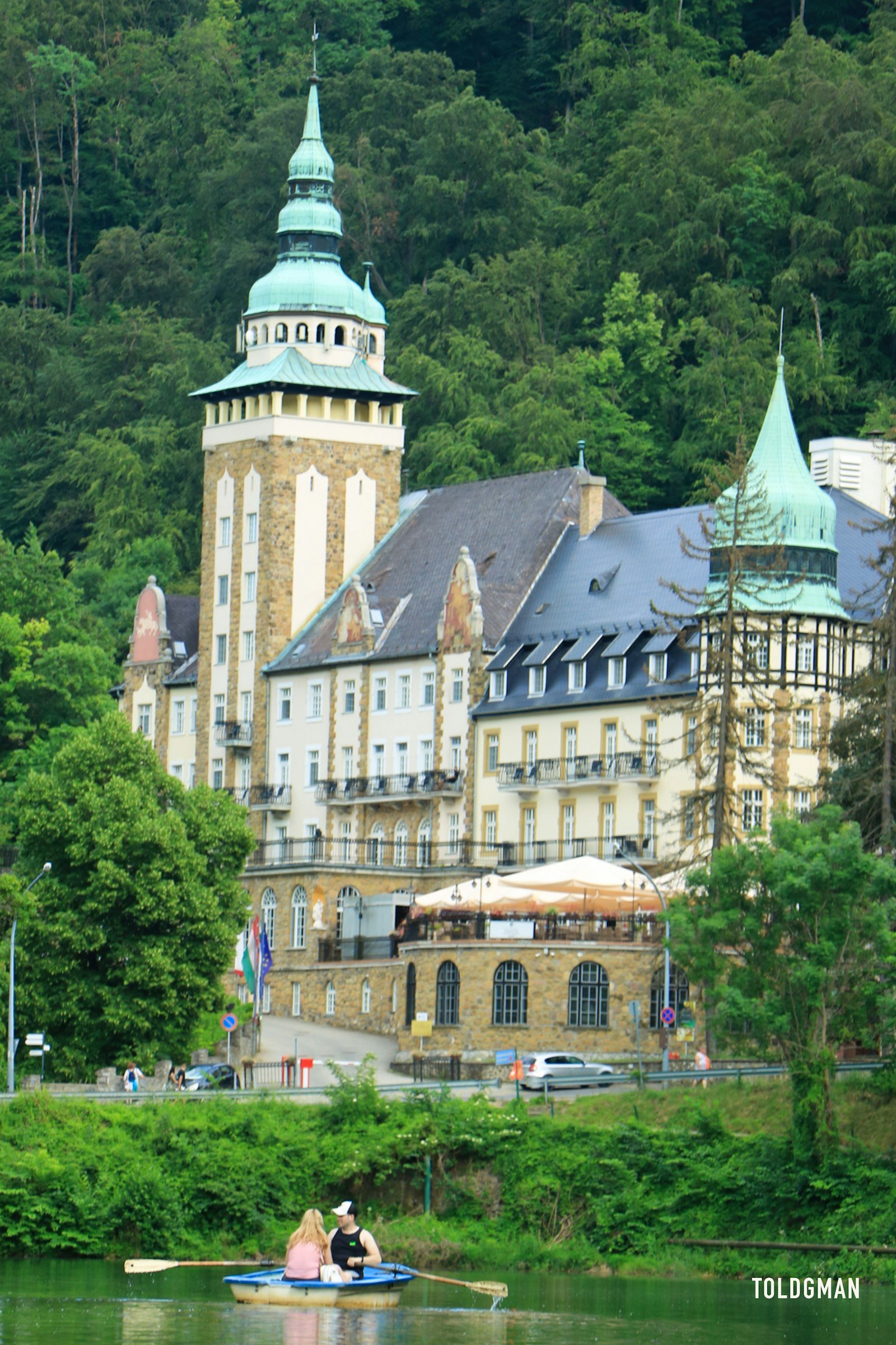 Lillafured in Miskolc, Hungary, with a rowing boat on the lake below the palace