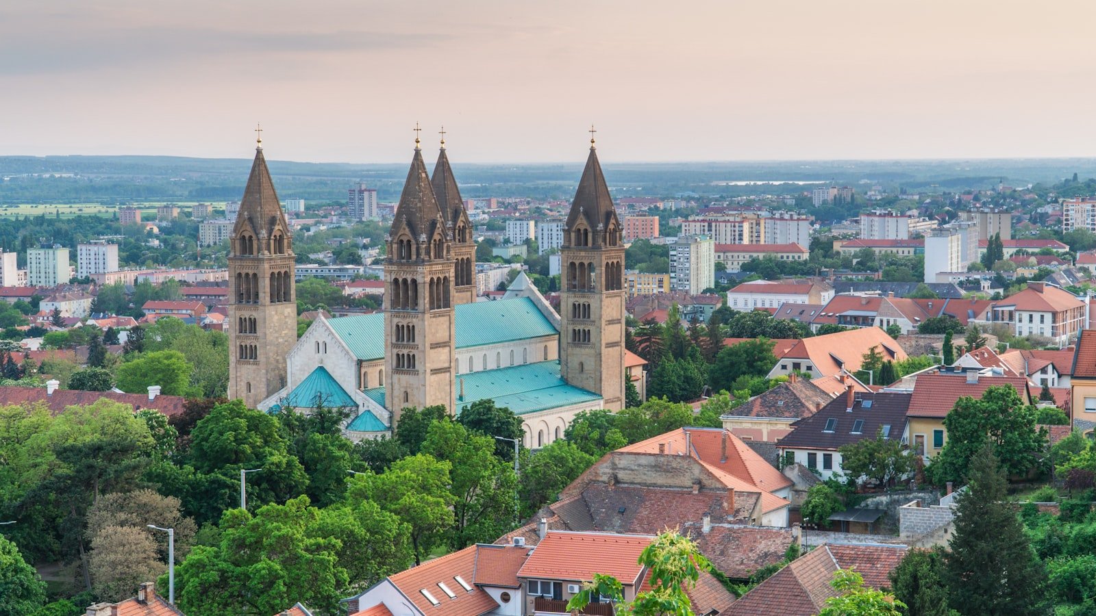 View over Pecs, Hungary, with the four-towered cathedral above the rooftops